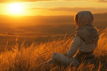 Wall Mural - Sunset over golden fields with a figure in contemplation at dusk