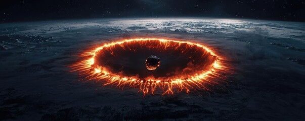Poster - Asteroid impact idea. An intense cosmic event creating a fiery ring around a celestial body.