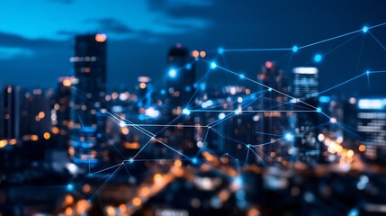 Poster - Abstract digital connection with glowing lines over blurred city skyline at night : Generative AI