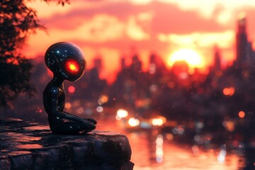 Wall Mural - Mysterious figure gazing at a vibrant sunset over a futuristic cityscape