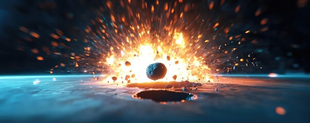Poster - Asteroid impact idea. A stunning visual of an exploding planet amidst a cosmic landscape.