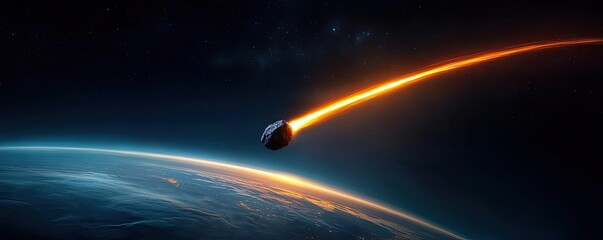 Poster - Asteroid impact idea. A spacecraft reenters Earth's atmosphere with a fiery trail over the planet's surface.