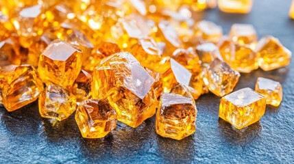 Poster - Glowing Amber Crystals on Dark Surface with Sparkling Reflections