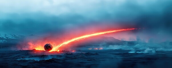 Poster - Asteroid impact concept. A dramatic volcanic eruption with lava flowing against a moody sky and rugged landscape.