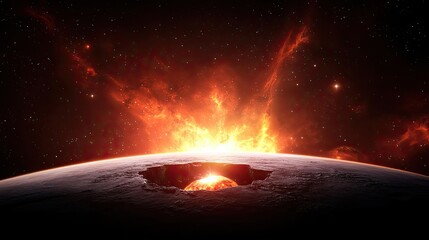 Poster - Asteroid impact idea. Stunning view of a planet experiencing a cataclysmic event with vibrant fiery colors.