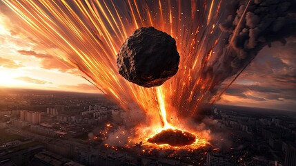 Poster - Asteroid impact idea. A dramatic volcanic eruption with molten lava and ash clouds filling the sky.