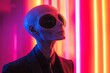 © c80 - Unique alien figure in a sleek suit against vibrant neon lights at a modern exhibit