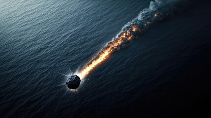 Poster - Asteroid impact concept. A meteor streaking through the atmosphere over a vast ocean, creating a fiery trail.