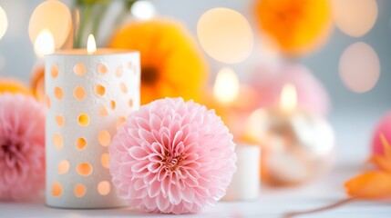 Poster - Charming tabletop arrangement of colorful flowers and candles creating a serene atmosphere for relaxation : Generative AI