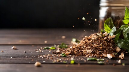 Poster - Freshly ground herbs and spices spreading on a wooden table creating an authentic culinary atmosphere for cooking : Generative AI