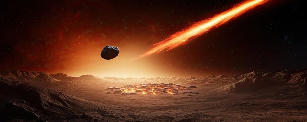 Poster - Asteroid impact idea. A dramatic illustration of an asteroid approaching a distant planet with fiery trails.