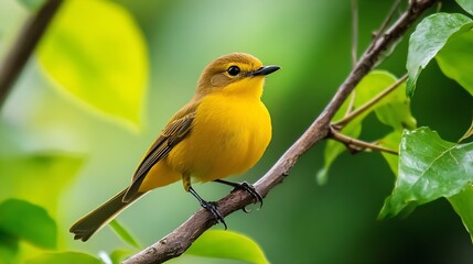 Aufkleber - Vibrant Yellow Bird Perched on a Branch Surrounded by Lush Green Leaves in a Natural Setting : Generative AI