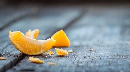 Poster - Delicious juicy orange slice placed on rustic wooden table with scattered orange peels : Generative AI