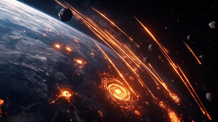 Poster - Asteroid impact idea. A dramatic view of Earth surrounded by fiery meteors and cosmic events.