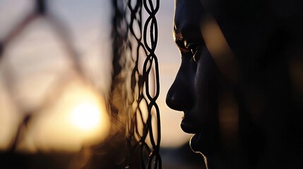 Poster - Profile of a young man looking through a chain link fence during sunset highlighting emotion and reflection : Generative AI