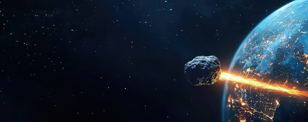 Poster - Asteroid impact idea. Asteroid approaching Earth in space, showcasing cosmic phenomena and celestial events.