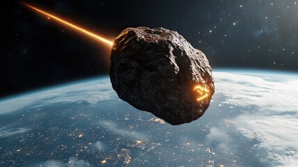 Poster - Asteroid impact idea. A meteor entering Earth's atmosphere, burning brightly as it approaches the planet.