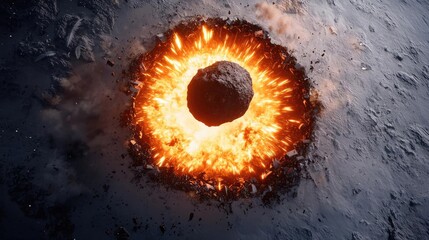 Poster - Asteroid impact concept. A dramatic impact scene showcasing an asteroid colliding with a fiery surface.