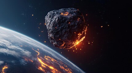 Poster - Asteroid impact idea. An asteroid traverses space, creating a fiery spectacle near Earth.