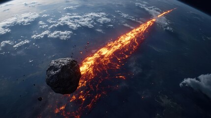 Poster - Asteroid impact idea. A dramatic asteroid hurtles towards Earth, leaving a trail of fiery molten rock behind.