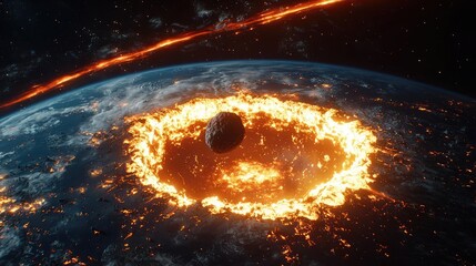 Poster - Asteroid impact idea. A stunning depiction of an asteroid colliding with Earth, creating fiery explosions.