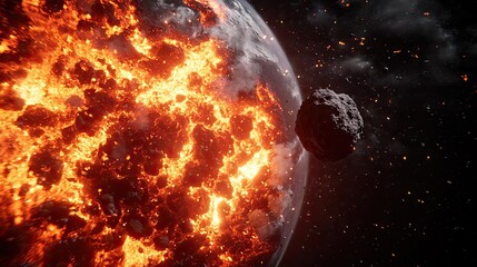 Poster - Asteroid impact idea. A vibrant depiction of a burning planet with an asteroid nearby in space.