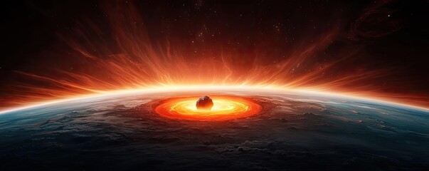 Poster - Asteroid impact idea. A dramatic view of an asteroid impact on Earth, creating a fiery explosion.