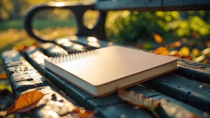 Wall Mural - notebook resting on a park bench surrounded by autumn leaves in the warm afternoon sunlight