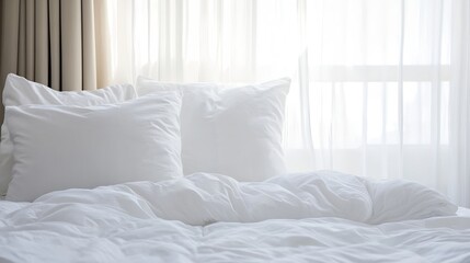 Poster - Cozy and Serene Bedroom View with Soft White Pillows Against Sheer Curtains : Generative AI