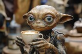Unique alien creature enjoying a cup of coffee in a bustling market environment during the daytime
