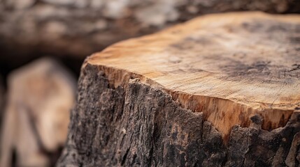 Poster - Close up of a natural wooden surface from a tree stump with detailed texture and rich patterns : Generative AI