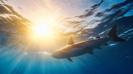 Poster - A majestic shark swims gracefully under the shimmering surface of the ocean at sunset : Generative AI