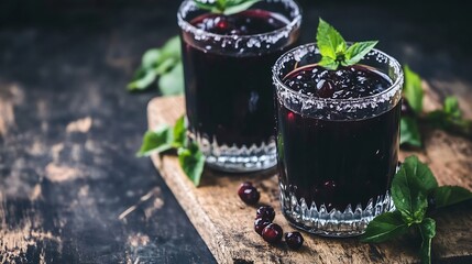 Aufkleber - Two glasses filled with dark berry juice and garnished with mint leaves on a wooden serving board : Generative AI