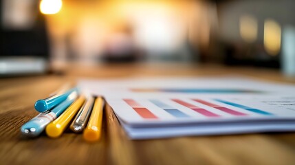 Poster - Close up view of colorful pens and paper charts laid out on a wooden desk for creative work setup : Generative AI