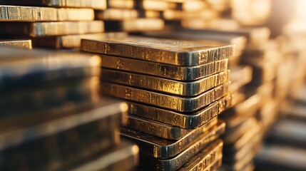 Poster - Stacks of Gleaming Gold Bars Reflecting Light in a ThoughtProvoking CloseUp Image : Generative AI