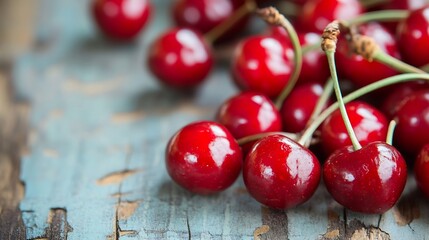 Poster - Freshly harvested cherries arranged on rustic blue wooden surface : Generative AI