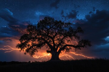 Wall Mural - Silhouetted oak tree stands majestically against a vibrant sunset sky, illuminated by dramatic lightning strikes and a starry expanse.