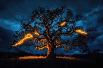 Wall Mural - Majestic oak tree silhouetted against a starry night sky, illuminated by streaks of vibrant lightning.