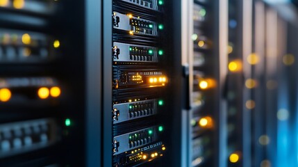 Fototapete - Hightech server room with illuminated network servers showcasing data processing capabilities : Generative AI