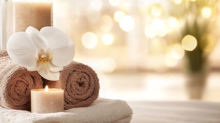 Fototapete - Spa setting with scented candles stacked towels and a beautiful white orchid creating a tranquil and inviting atmosphere for relaxation : Generative AI