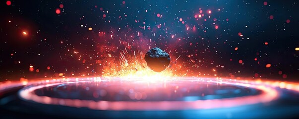 Poster - Asteroid impact idea. A glowing planet surrounded by fiery sparks in a cosmic environment.