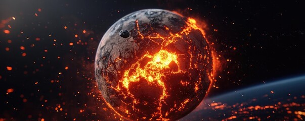 Poster - Asteroid impact idea. A stunning visual of a fiery, erupting planet surrounded by cosmic elements.