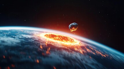 Poster - Asteroid impact idea. Stunning view of Earth facing asteroid impact in outer space with fiery explosion.