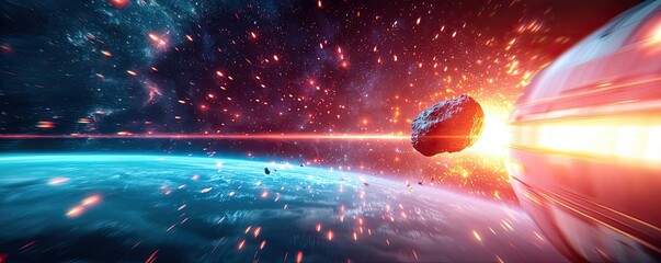 Poster - Asteroid impact idea. A stunning view of cosmic phenomena, showcasing asteroids and vibrant nebulas in space.