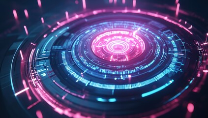Poster - Futuristic Circular Interface: Glowing Neon Tech Rings, Abstract Digital Display, Vivid Cyberpunk Design, Rotating Sci-Fi HUD, Advanced Technology