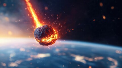 Poster - Asteroid impact idea. A stunning visual of a meteor entering Earth's atmosphere, showcasing fiery trails.