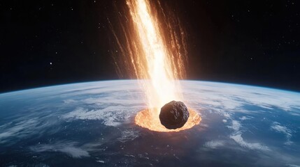 Poster - Asteroid impact idea. A fiery asteroid entering Earth's atmosphere, showcasing cosmic disaster and impact.