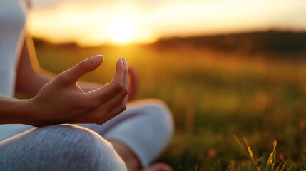 Poster - Serene meditation practice at sunset in a tranquil outdoor setting with soft natural light : Generative AI