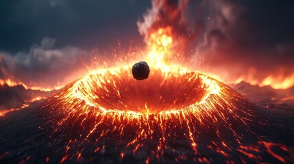 Poster - Asteroid impact concept. A mesmerizing view of a volcanic eruption with flowing lava and ash clouds.