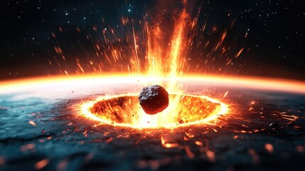 Poster - Asteroid impact concept. An asteroid collides with a planet, creating a dramatic explosion of fire and debris.